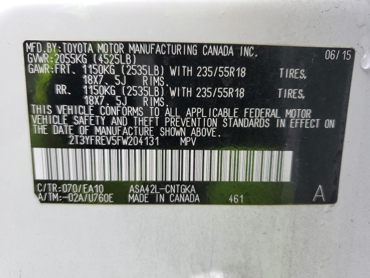 2015 Toyota RAV 4 VIN 2T3YFREV5FW204131 Copart auction photo, front end damage thumbnail 13