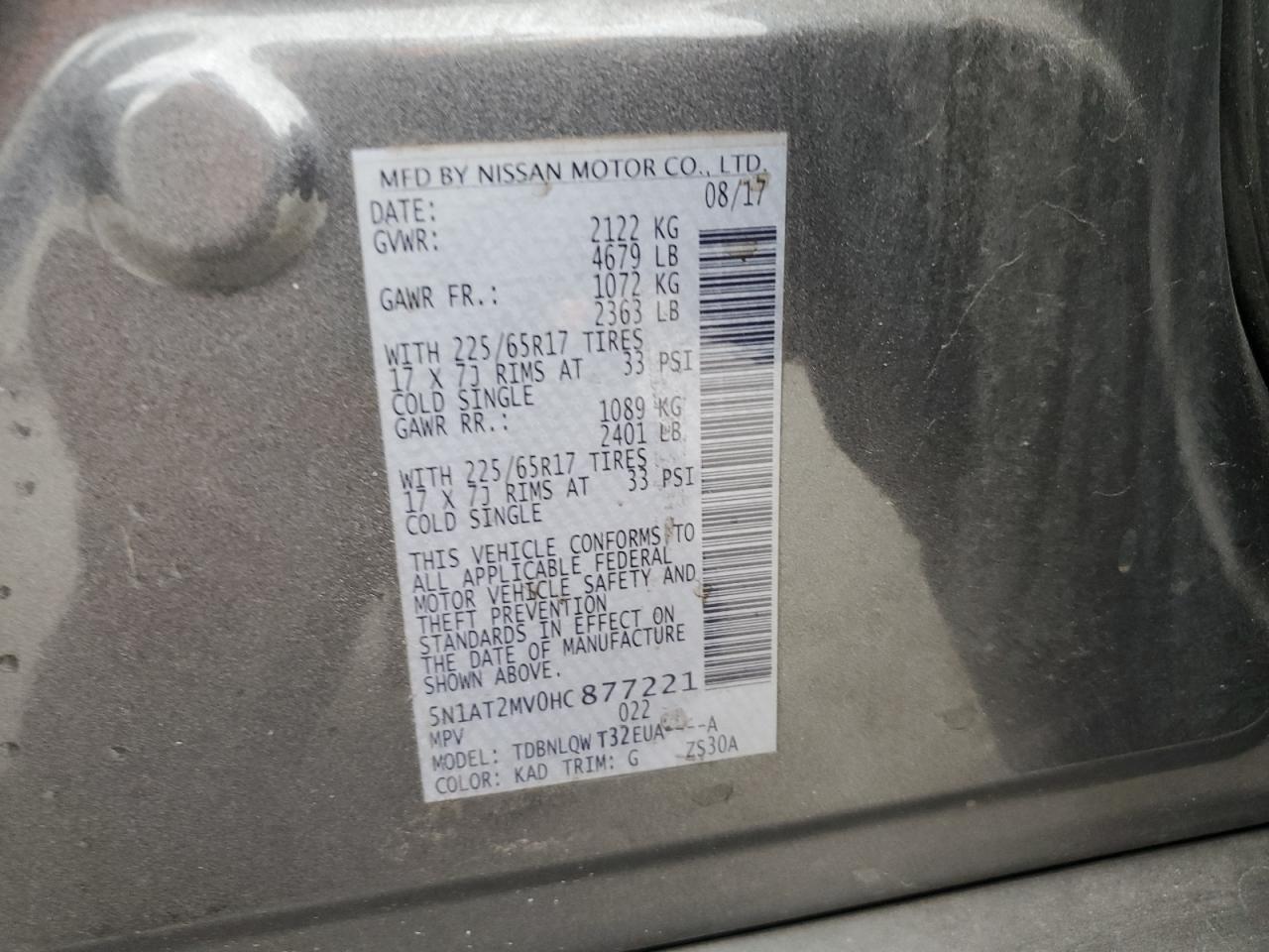 2017 Nissan Rogue VIN 5N1AT2MV0HC877221 Copart auction photo, front end damage thumbnail 14