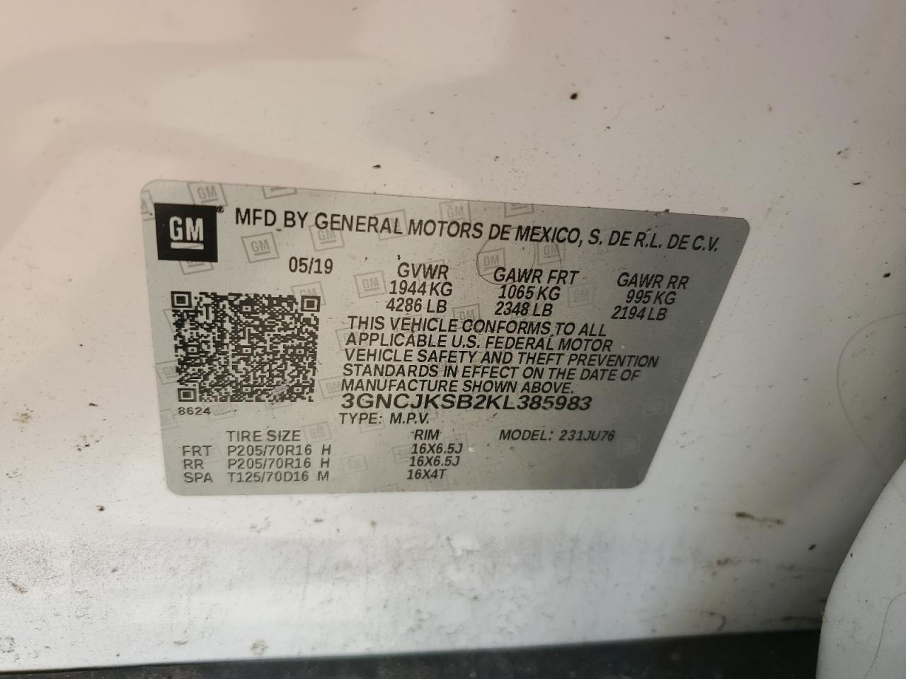 2019 Chevrolet Trax VIN 3GNCJKSB2KL385983 Copart auction photo, front end damage thumbnail 14