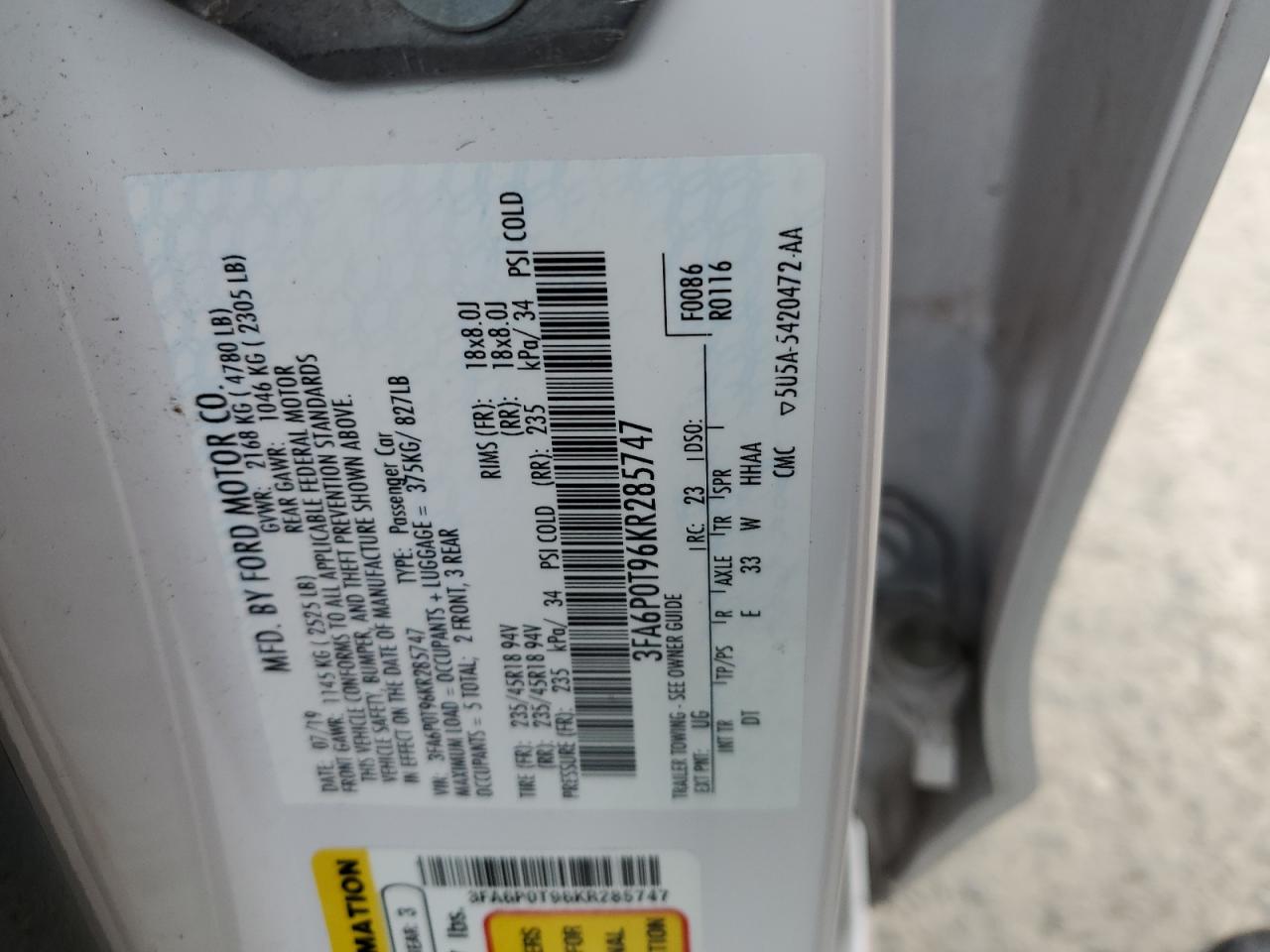2019 Ford Fusion VIN 3FA6P0T96KR285747 Copart auction photo, front end damage thumbnail 12
