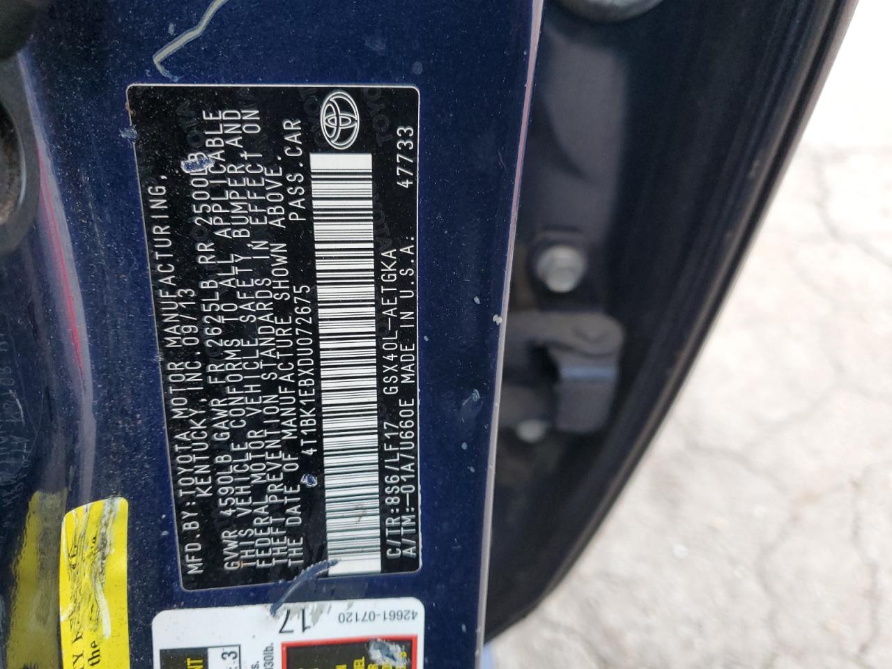 2013 Toyota Avalon VIN 4T1BK1EBXDU072675 Copart auction photo, rear end / front end damage thumbnail 14