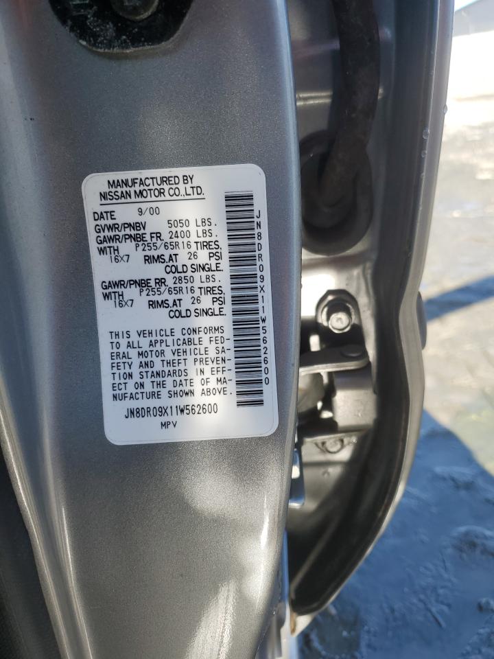 2001 Nissan Pathfinder VIN JN8DR09X11W562600 Copart auction photo, front end / side damage thumbnail 12