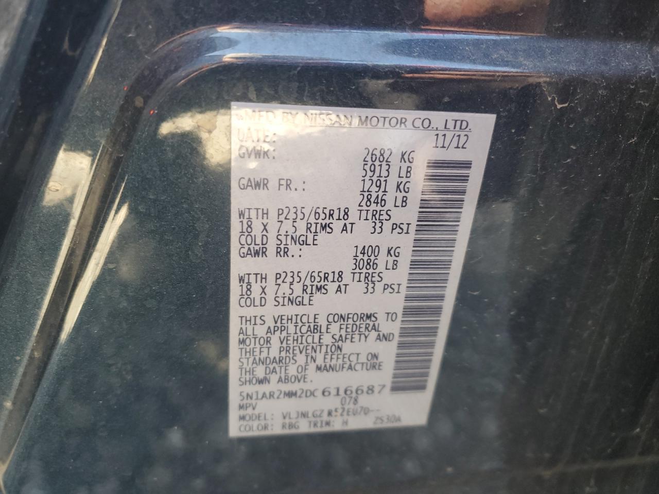 2013 Nissan Pathfinder VIN 5N1AR2MM2DC616687 Copart auction photo, minor dent/scratches damage thumbnail 13