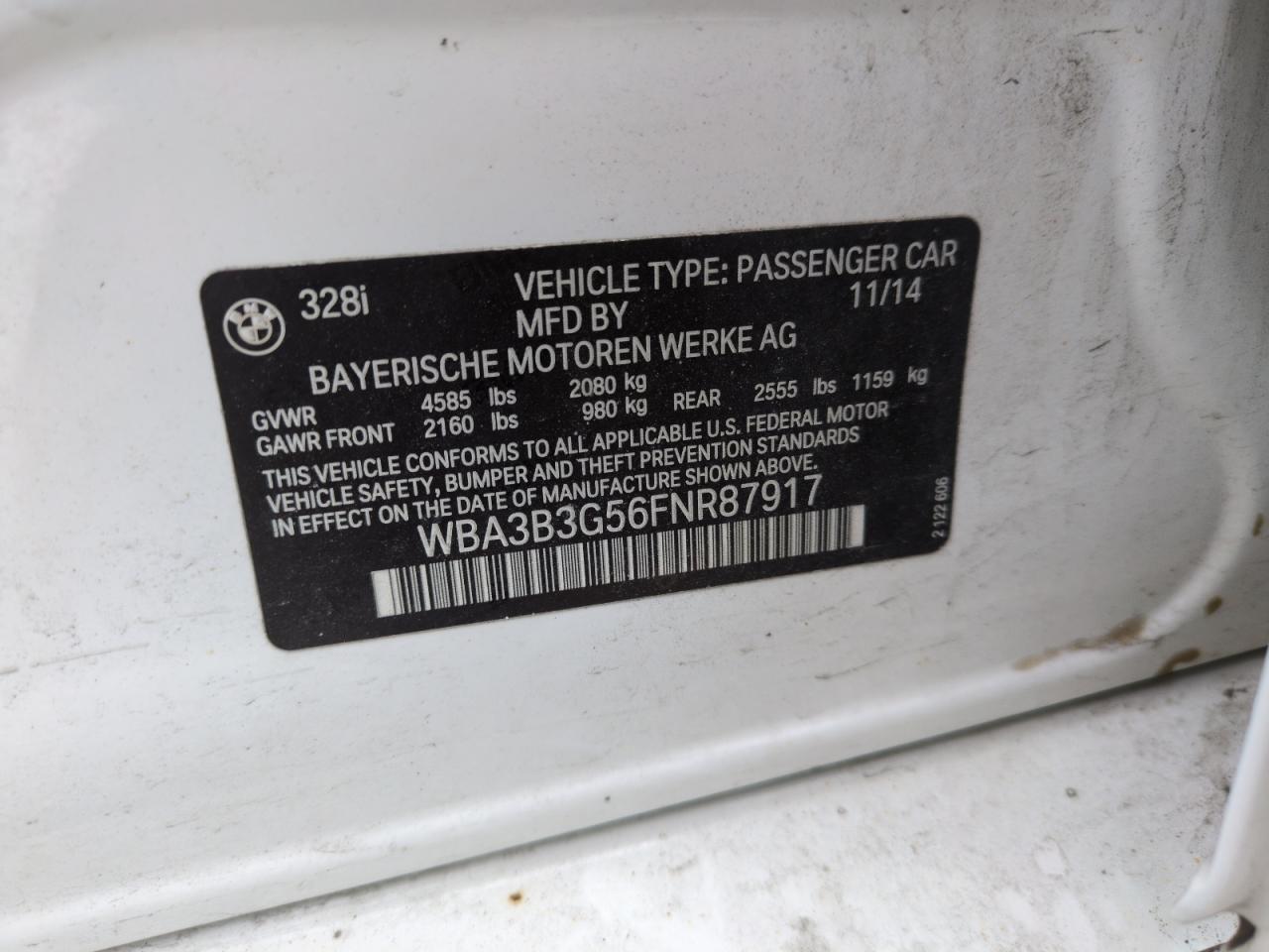 2015 BMW 3er VIN WBA3B3G56FNR87917 Copart auction photo, front end damage thumbnail 14