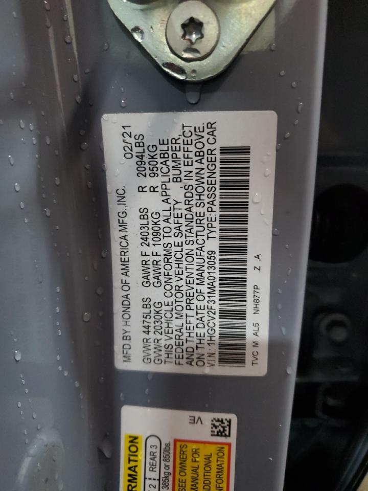 2021 Honda Accord VIN 1HGCV2F31MA013059 Copart auction photo, front end / side damage thumbnail 12