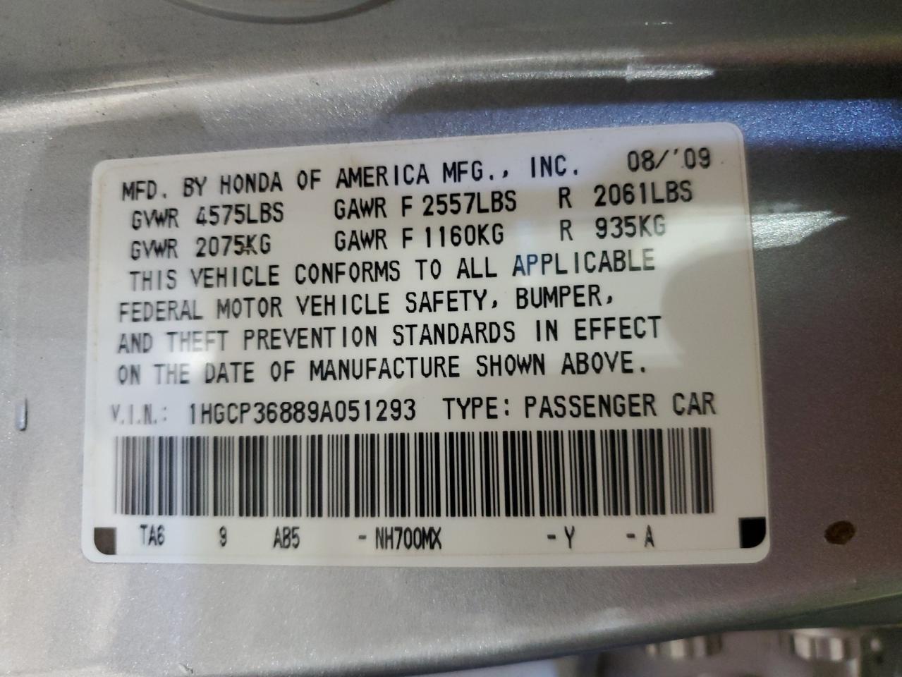 2009 Honda Accord VIN 1HGCP36889A051293 Copart auction photo, front end damage thumbnail 13