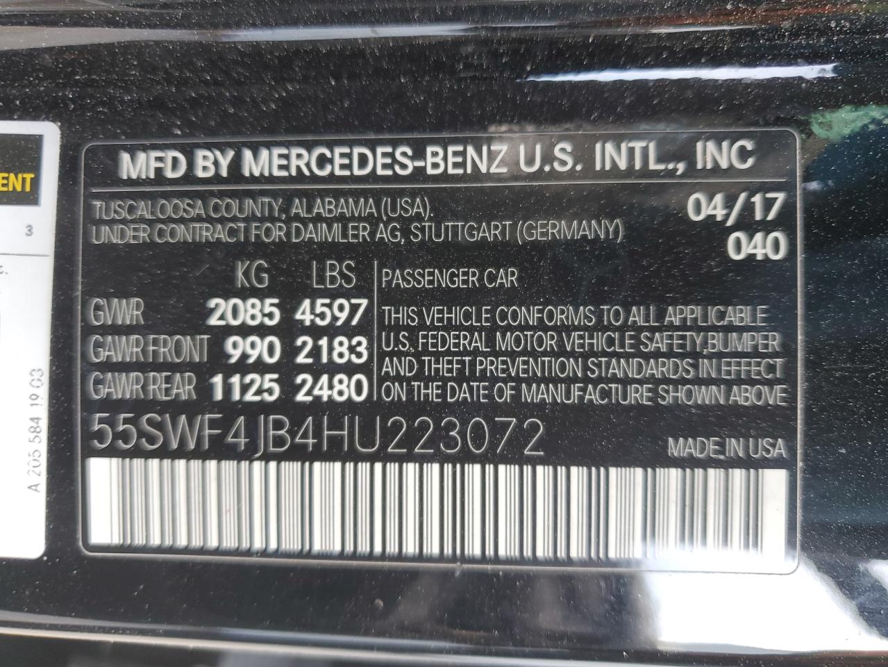 2017 Mercedes-Benz C-klasse VIN 55SWF4JB4HU223072 Copart auction photo, side / front end damage thumbnail 12