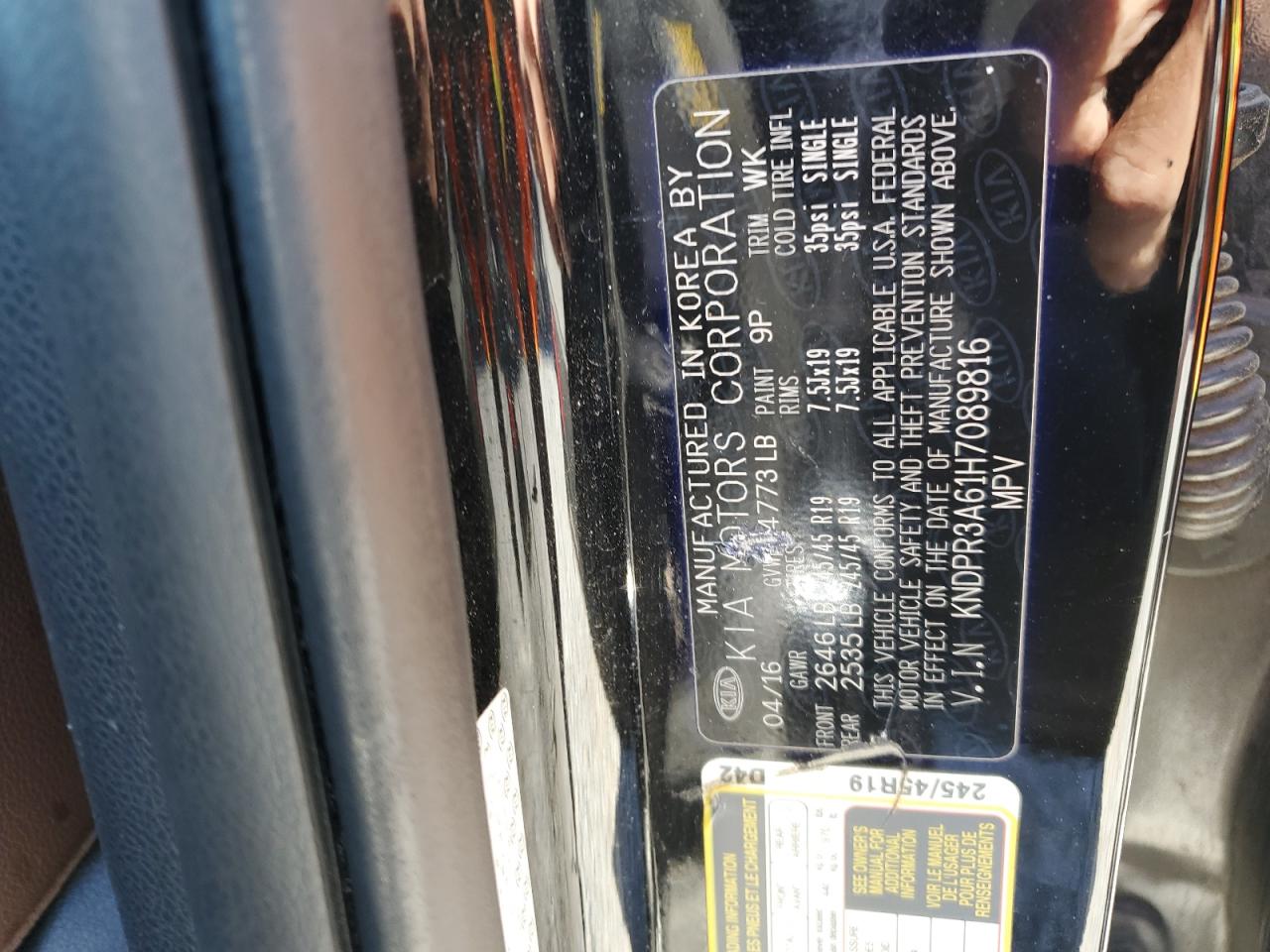2017 KIA Sportage VIN KNDPR3A61H7089816 Copart auction photo, mechanical damage thumbnail 13