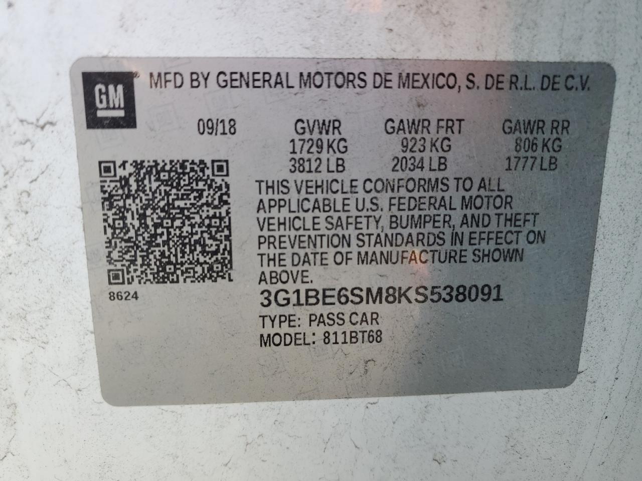 2019 Chevrolet Cruze VIN 3G1BE6SM8KS538091 Copart auction photo, side / rear end damage thumbnail 12