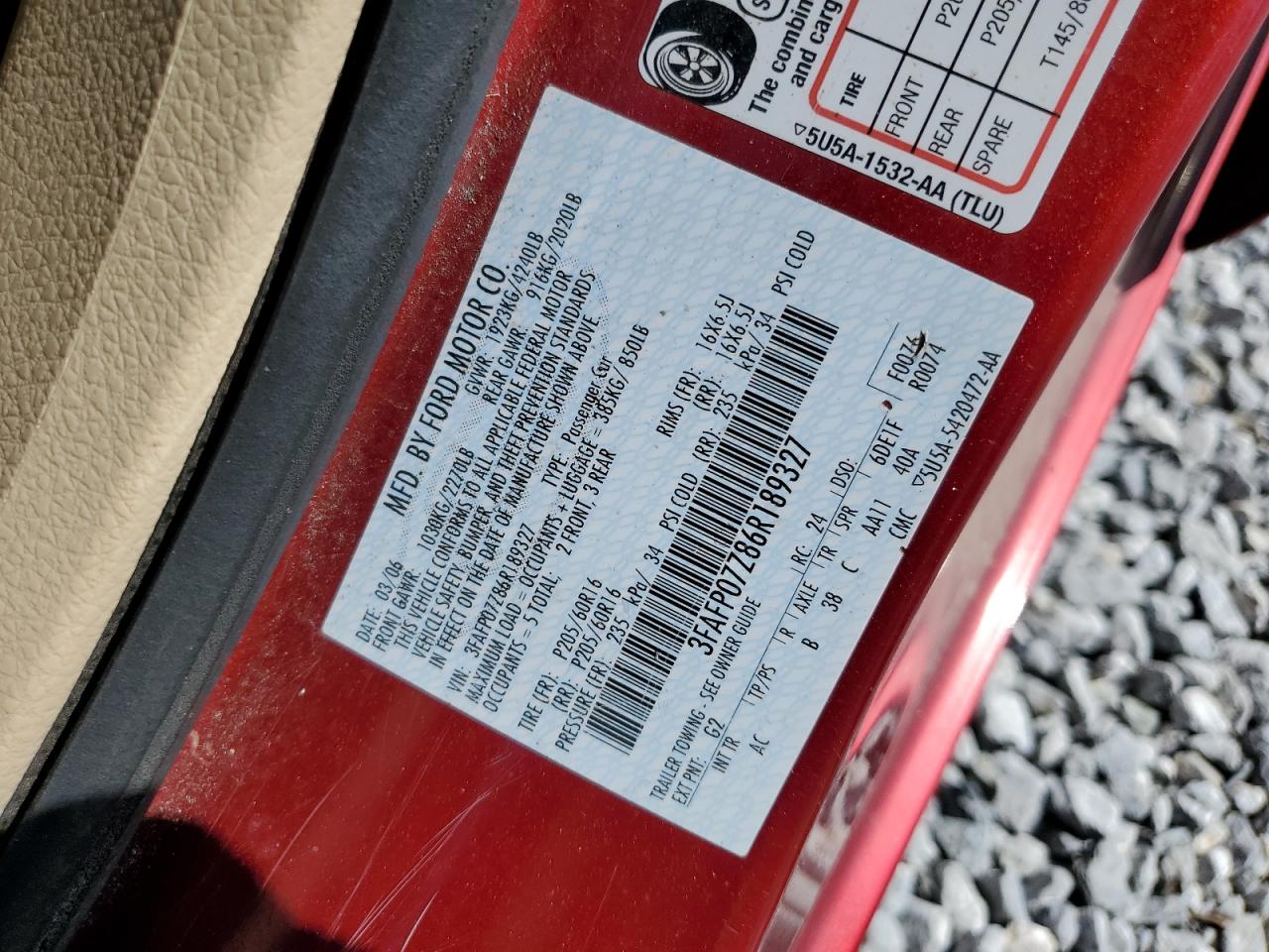 2006 Ford Fusion VIN 3FAFP07Z86R189327 Copart auction photo, front end damage thumbnail 13