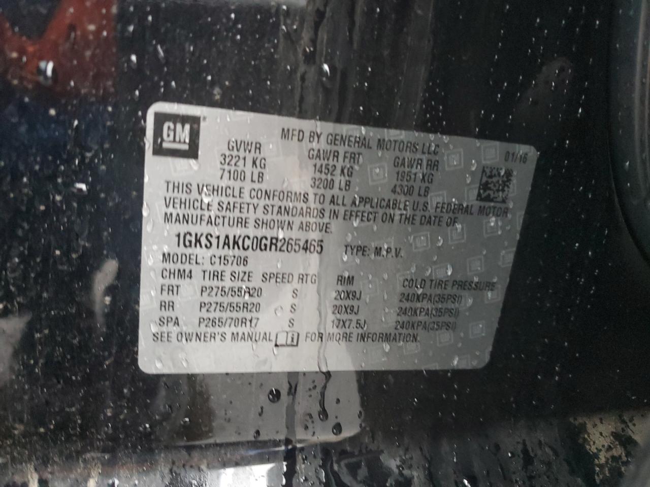 2016 GMC Yukon VIN 1GKS1AKC0GR265465 Copart auction photo, rear end damage thumbnail 13