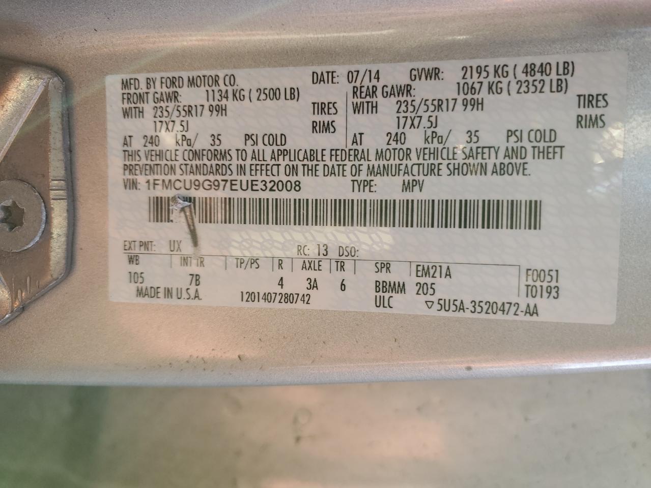 2014 Ford Escape VIN 1FMCU9G97EUE32008 Copart auction photo, front end / minor dent/scratches damage thumbnail 13