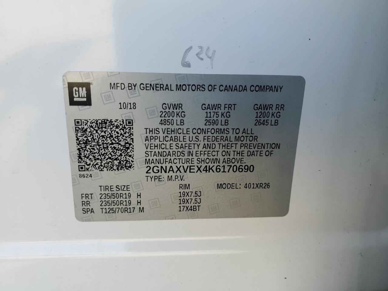 2019 Chevrolet Equinox VIN 2GNAXVEX4K6170690 Copart auction photo, front end / top/roof damage thumbnail 13