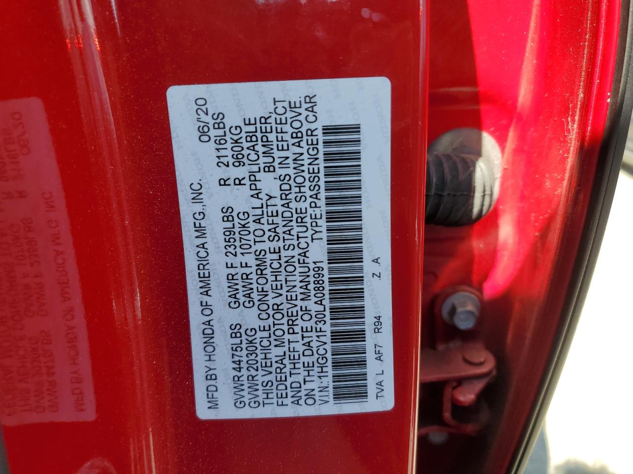 2020 Honda Accord VIN 1HGCV1F30LA088991 Copart auction photo, vandalism / rear end damage thumbnail 12