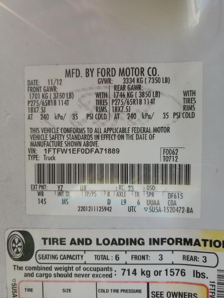 2013 Ford F-150 VIN 1FTFW1EF0DFA71889 Copart auction photo, front end / rear end damage thumbnail 13