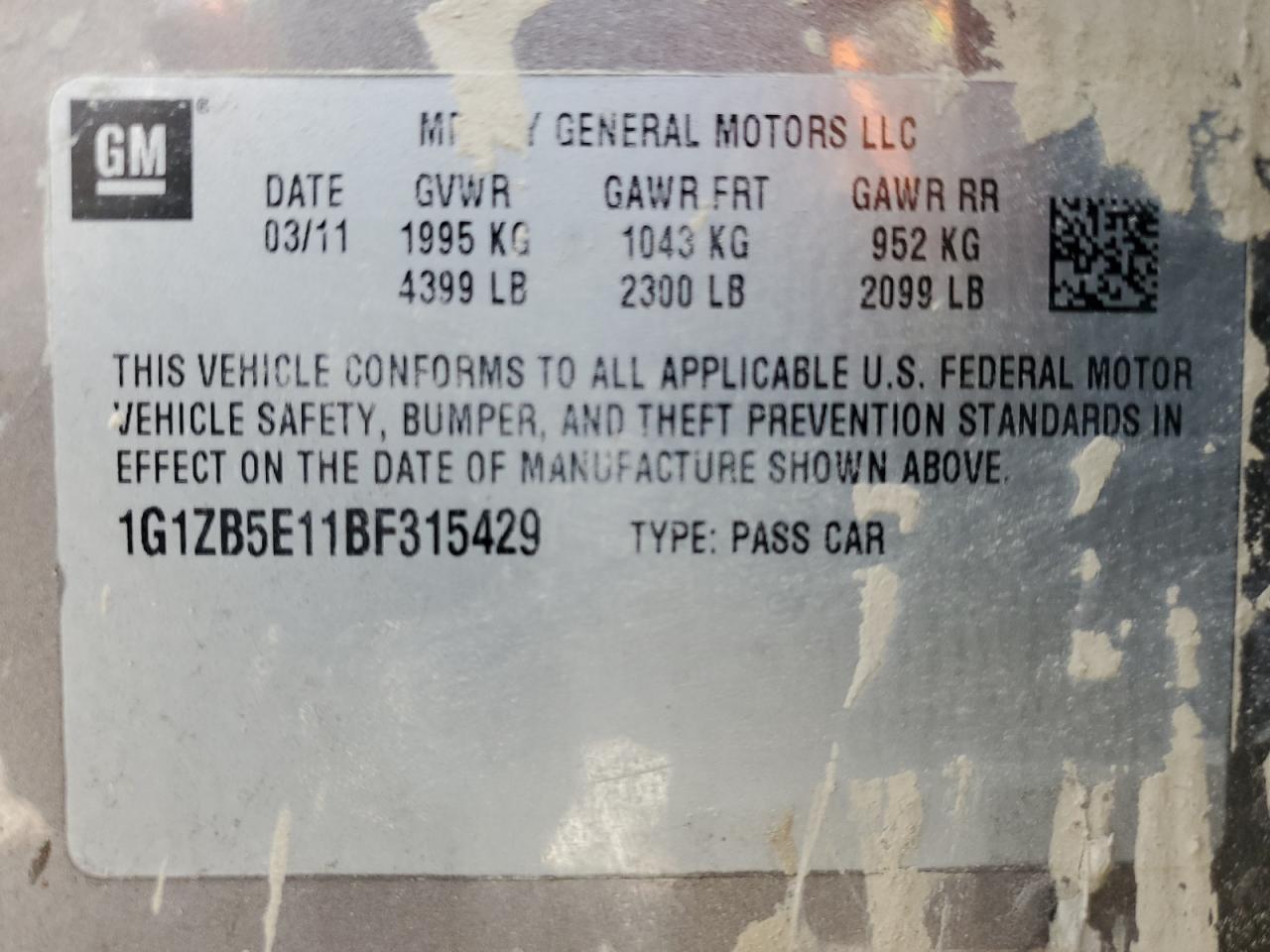 2011 Chevrolet Malibu VIN 1G1ZB5E11BF315429 Copart auction photo, rollover damage thumbnail 14
