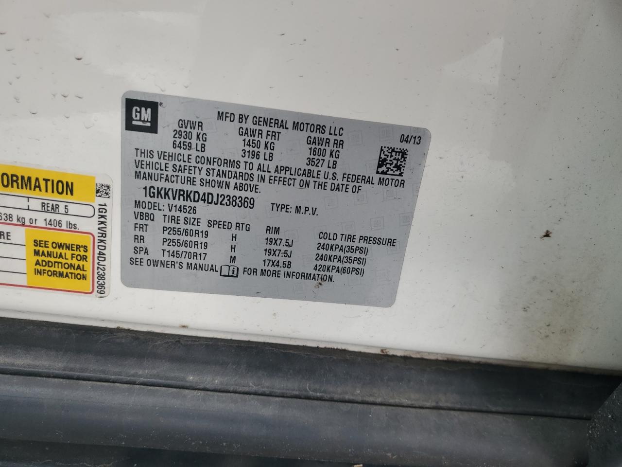 2013 GMC Acadia VIN 1GKKVRKD4DJ238369 Copart auction photo, front end damage thumbnail 12