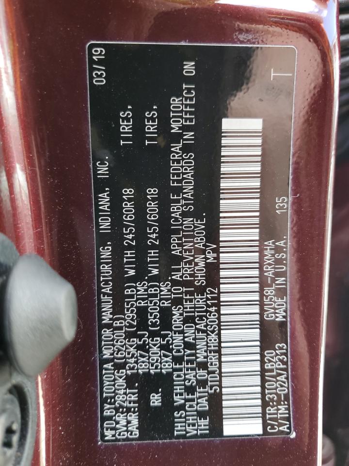 2019 Toyota Highlander VIN 5TDJGRFH8KS064112 Copart auction photo, minor dent/scratches damage thumbnail 13