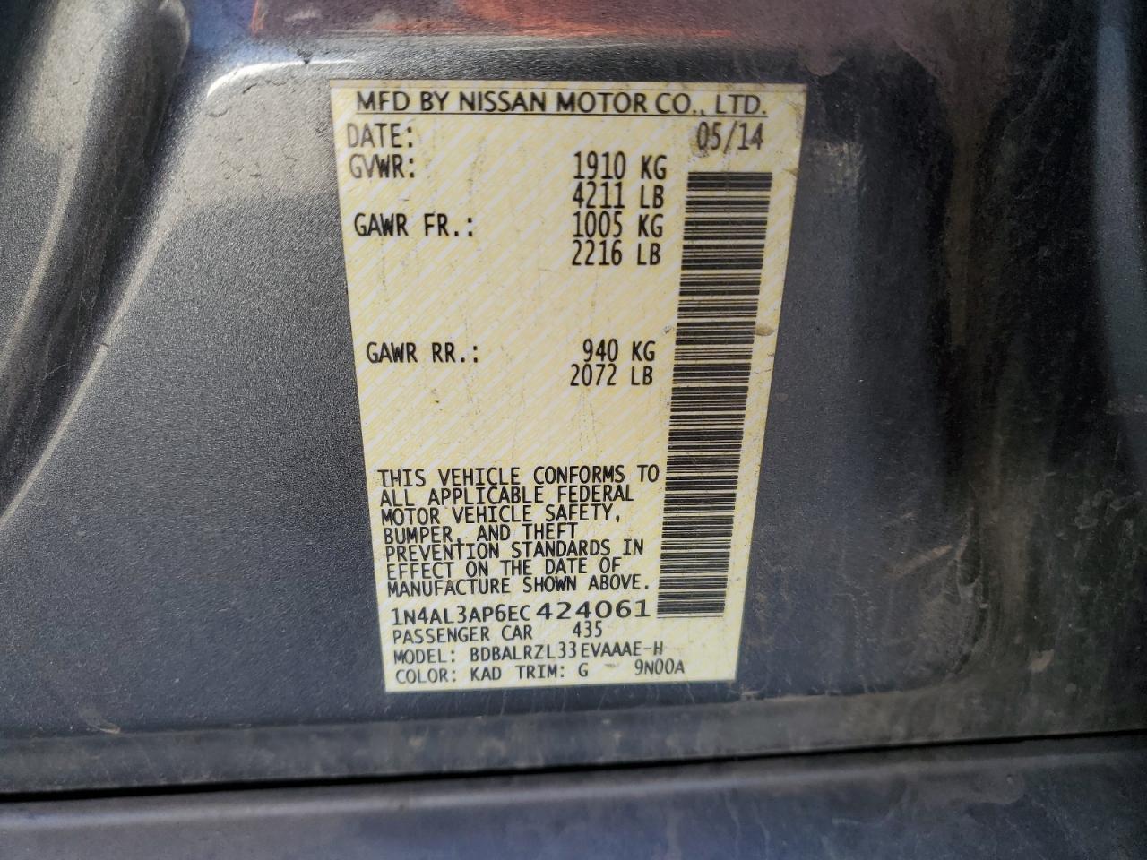 2014 Nissan Altima VIN 1N4AL3AP6EC424061 Copart auction photo, front end / rear end damage thumbnail 12