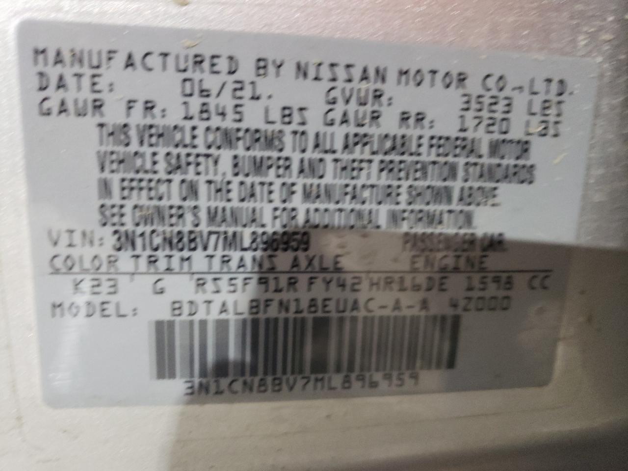 2021 Nissan Versa VIN 3N1CN8BV7ML896959 Copart auction photo, front end / minor dent/scratches damage thumbnail 14
