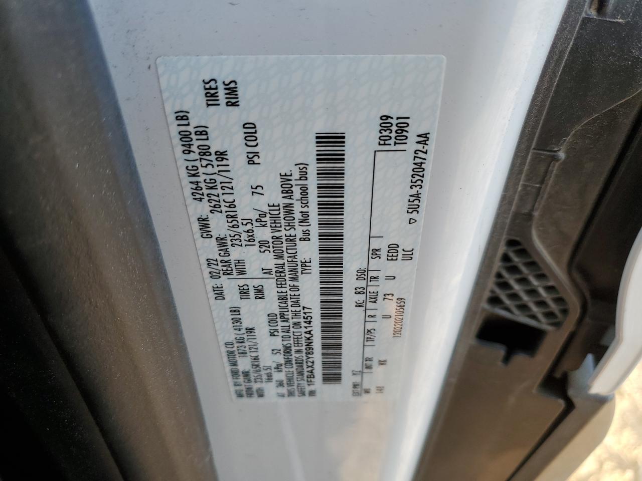 2022 Ford Transit VIN 1FBAX2Y89NKA14517 Copart auction photo, front end damage thumbnail 13