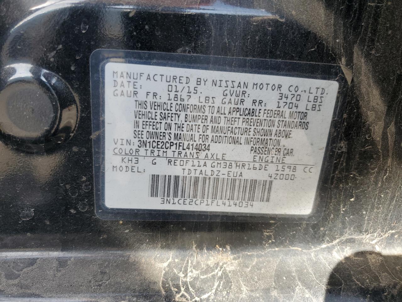 2015 Nissan Versa VIN 3N1CE2CP1FL414034 Copart auction photo, rear end damage thumbnail 12