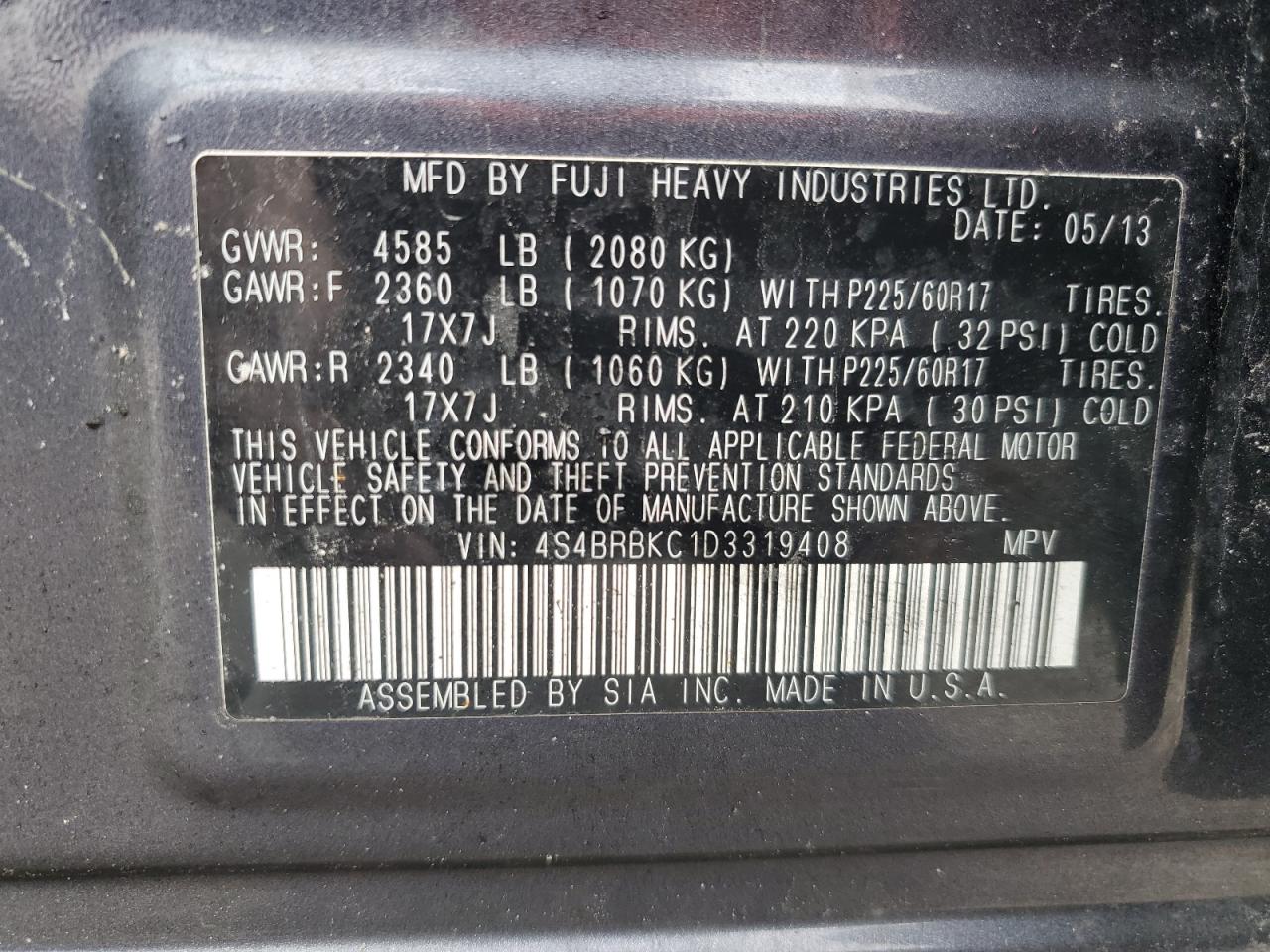 2013 Subaru Outback VIN 4S4BRBKC1D3319408 Copart auction photo, rollover damage thumbnail 13