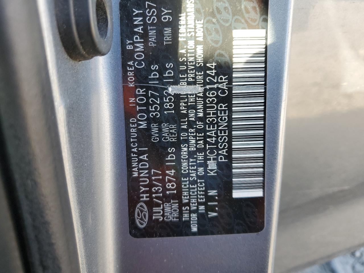 2017 Hyundai Accent VIN KMHCT4AE3HU361244 Copart auction photo, front end damage thumbnail 12