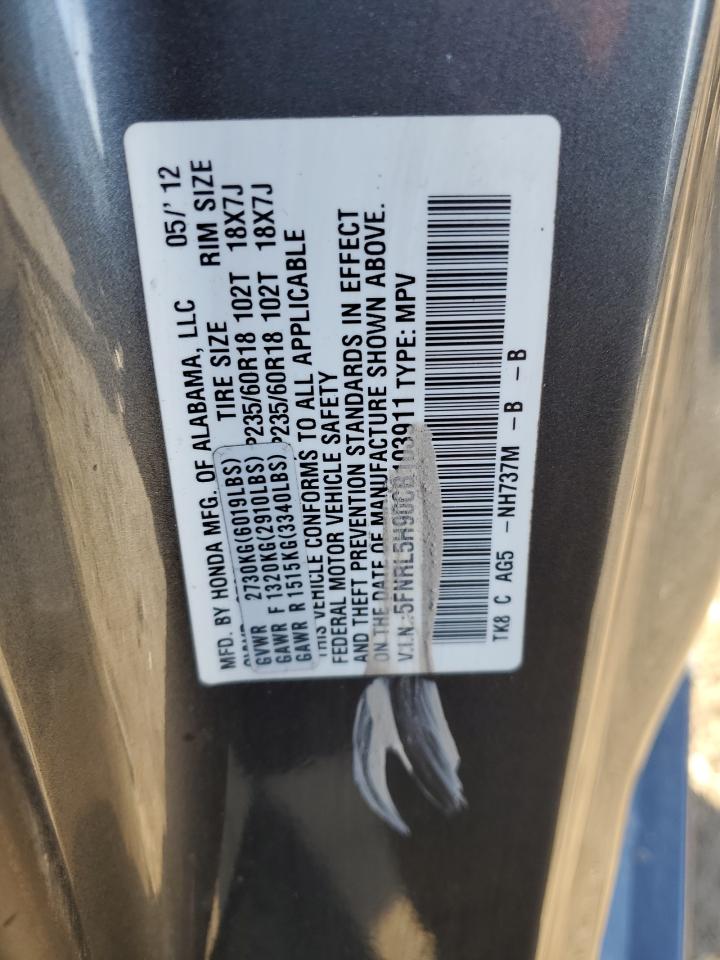 2012 Honda Odyssey VIN 5FNRL5H90CB103911 Copart auction photo, front end damage thumbnail 13