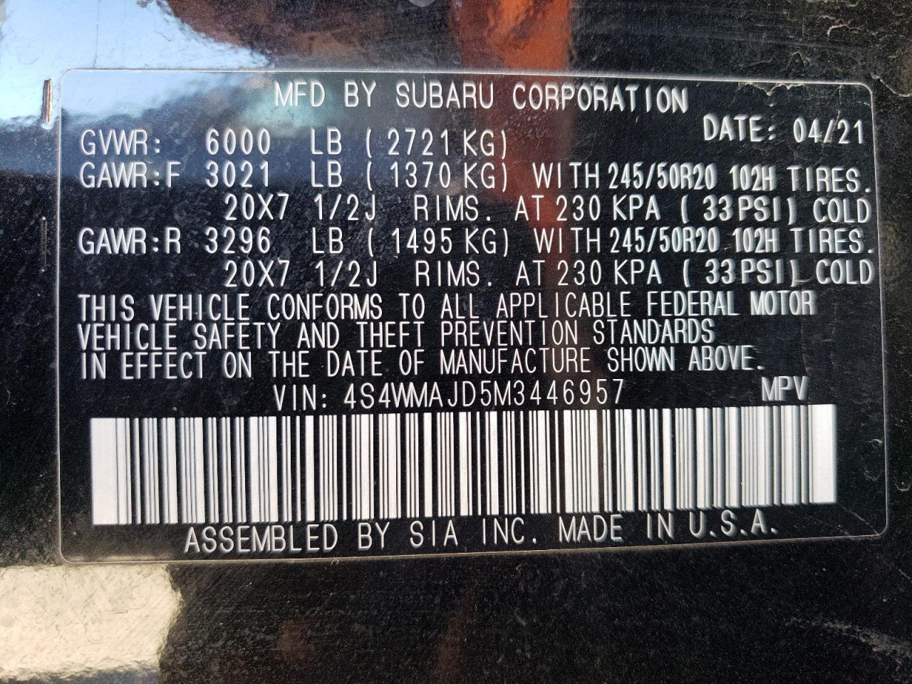2021 Subaru Ascent VIN 4S4WMAJD5M3446957 Copart auction photo, front end / side damage thumbnail 15