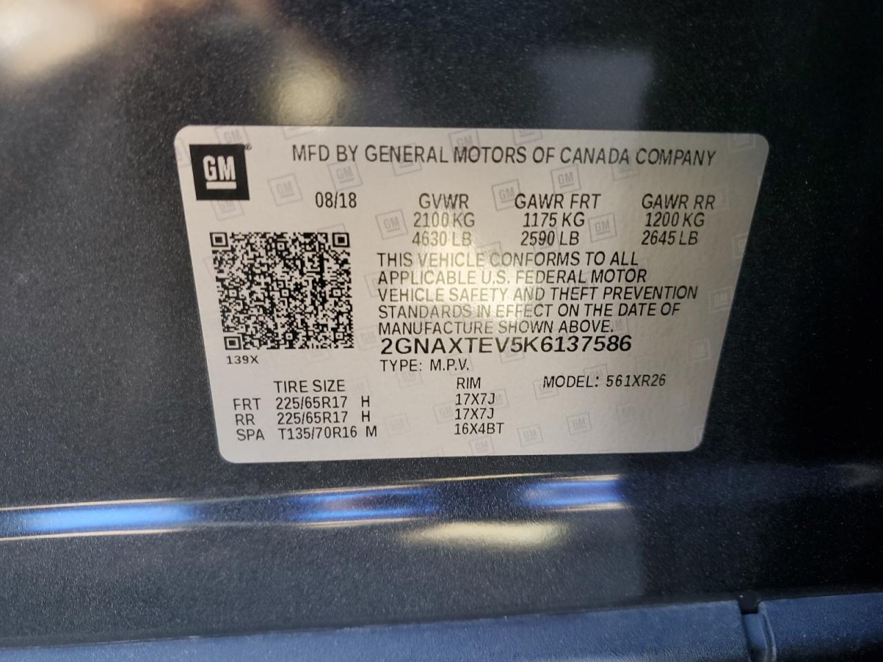 2019 Chevrolet Equinox VIN 2GNAXTEV5K6137586 Copart auction photo, front end damage thumbnail 13