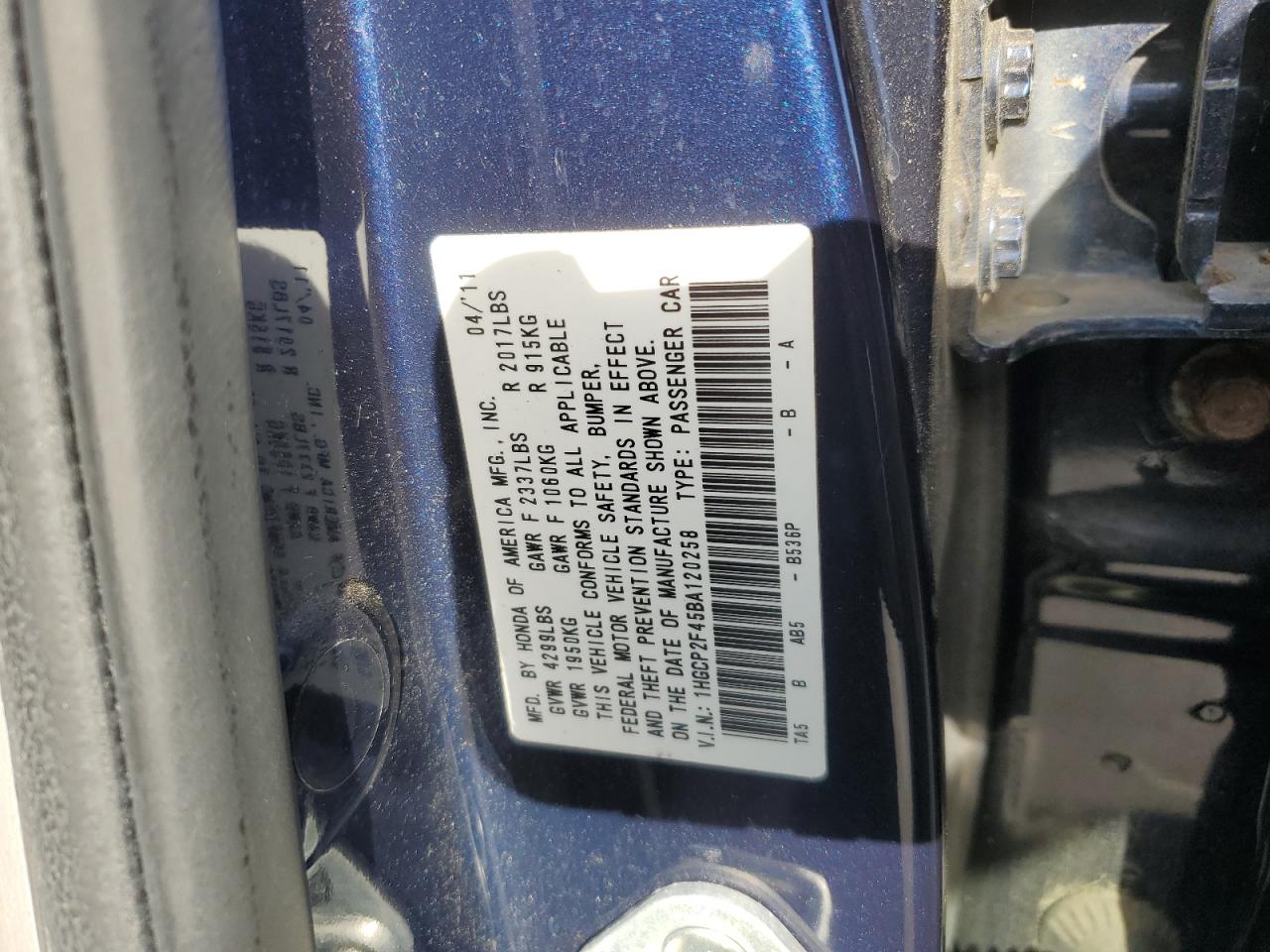 2011 Honda Accord VIN 1HGCP2F45BA120258 Copart auction photo, front end damage thumbnail 14