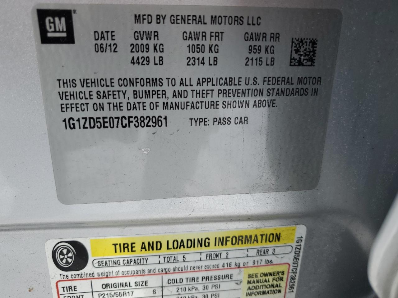 2012 Chevrolet Malibu VIN 1G1ZD5E07CF382961 Copart auction photo, all over / minor dent/scratches damage thumbnail 12