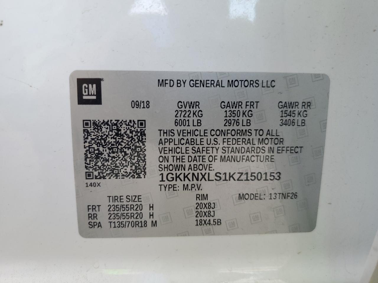 2019 GMC Acadia VIN 1GKKNXLS1KZ150153 Copart auction photo, rear end / side damage thumbnail 15