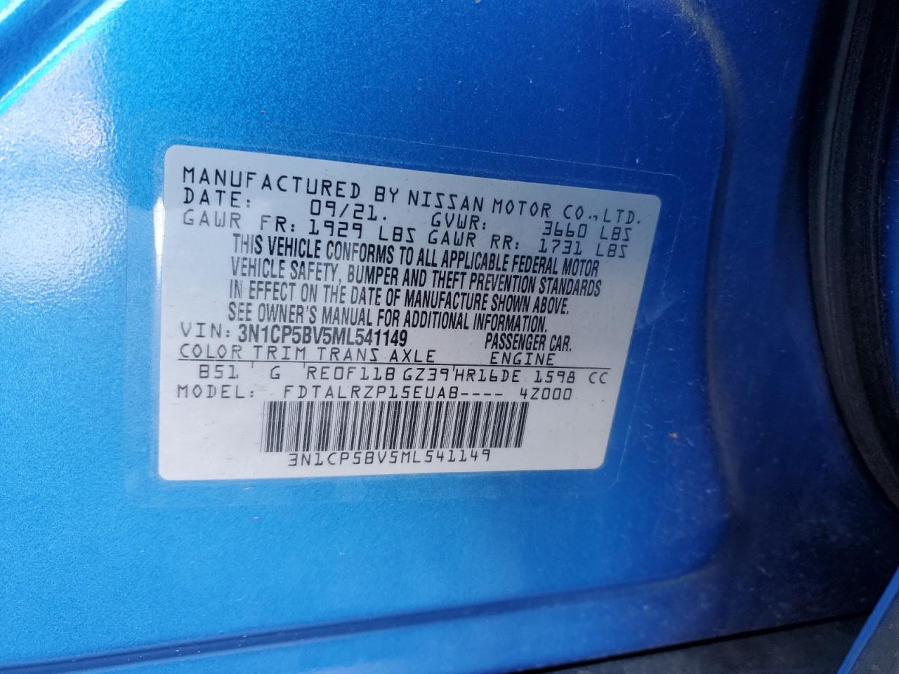 2021 Nissan Kicks VIN 3N1CP5BV5ML541149 Copart auction photo, front end damage thumbnail 15