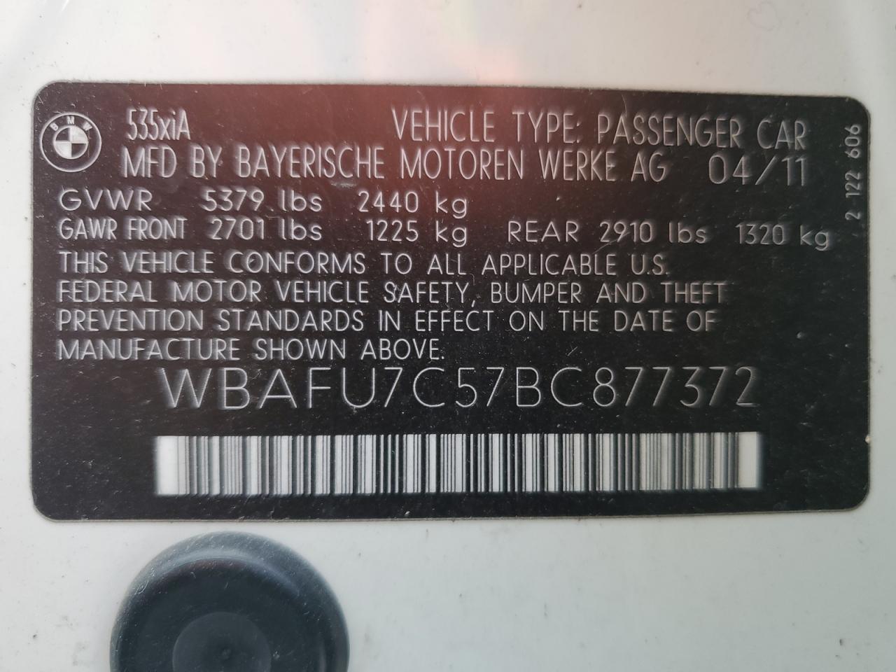 2011 BMW 5er VIN WBAFU7C57BC877372 Copart auction photo, minor dent/scratches damage thumbnail 12