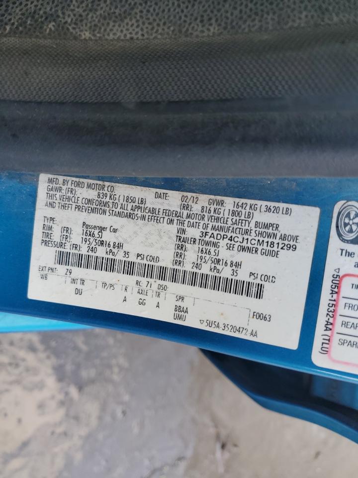 2012 Ford Fiesta VIN 3FADP4CJ1CM181299 Copart auction photo, side / undercarriage damage thumbnail 12