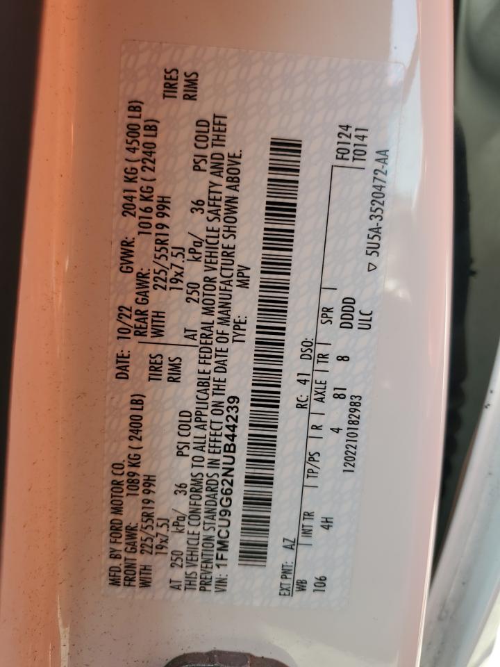 2022 Ford Escape VIN 1FMCU9G62NUB44239 Copart auction photo, front end / side damage thumbnail 13
