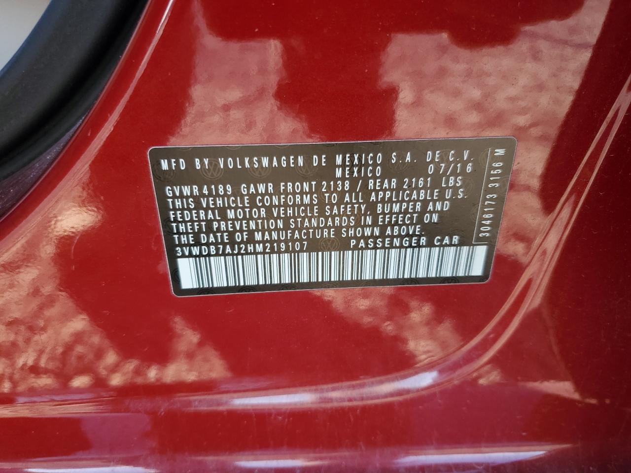 2017 Volkswagen Jetta VIN 3VWDB7AJ2HM219107 Copart auction photo, rear end damage thumbnail 12
