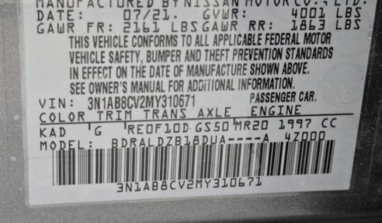 2021 Nissan Sentra VIN 3N1AB8CV2MY310671 Copart auction photo, normal wear damage thumbnail 10