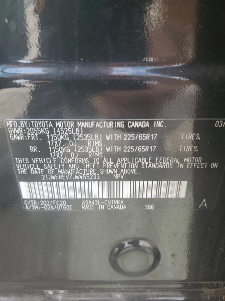 2018 Toyota RAV 4 VIN 2T3WFREV7JW455233 Copart auction photo, water/flood damage thumbnail 14