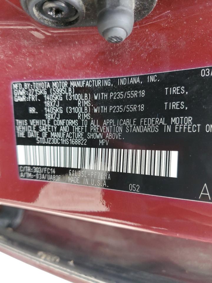 2017 Toyota Sienna VIN 5TDJZ3DC1HS168822 Copart auction photo, water/flood damage thumbnail 13