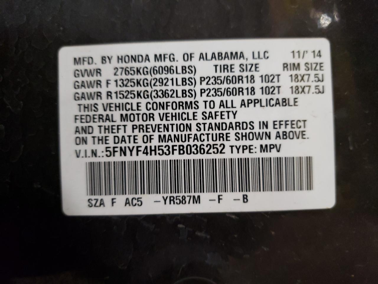 2015 Honda Pilot VIN 5FNYF4H53FB036252 Copart auction photo, front end damage thumbnail 13