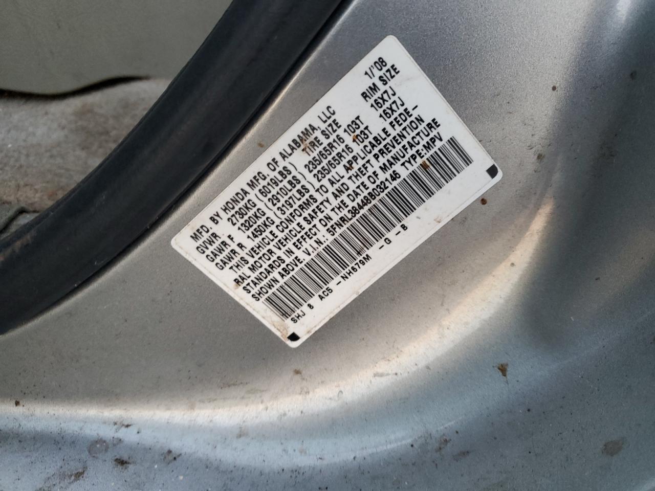 2008 Honda Odyssey VIN 5FNRL38448B032146 Copart auction photo, top/roof / all over damage thumbnail 13