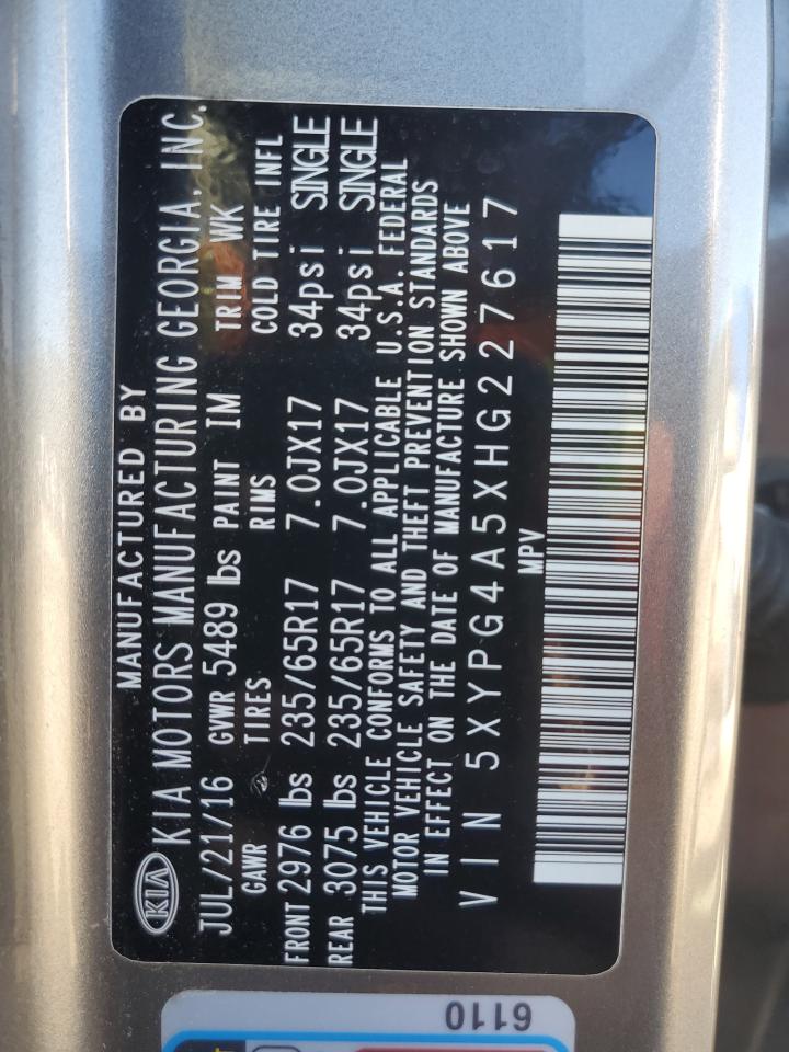 2017 KIA Sorento VIN 5XYPG4A5XHG227617 Copart auction photo, front end damage thumbnail 15