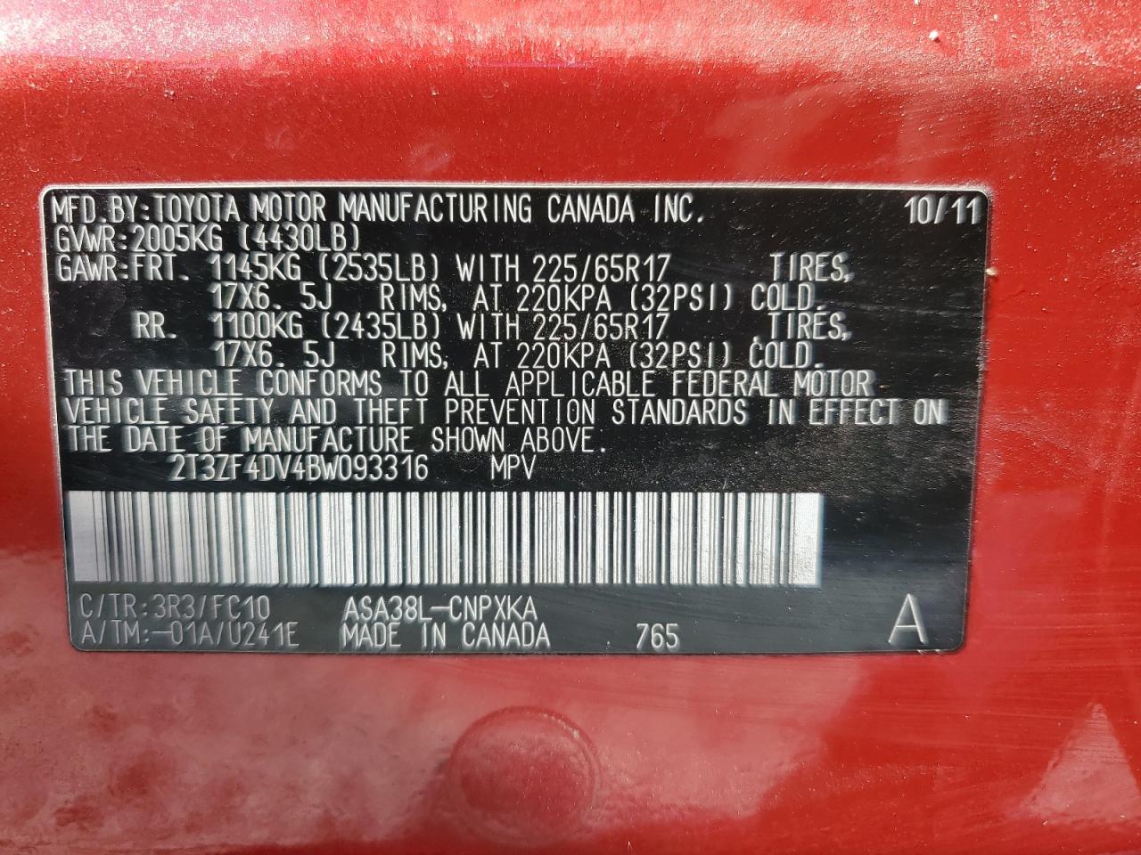 2011 Toyota RAV 4 VIN 2T3ZF4DV4BW093316 Copart auction photo, top/roof / front end damage thumbnail 13