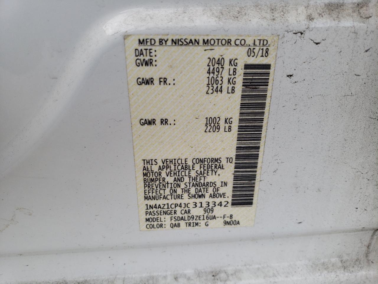 2018 Nissan Leaf VIN 1N4AZ1CP4JC313342 Copart auction photo, rear end / front end damage thumbnail 14