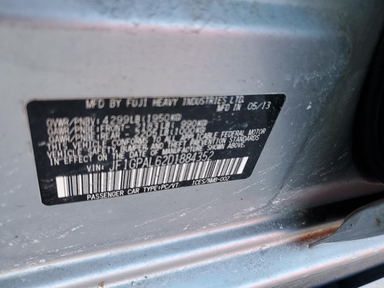 2013 Subaru Impreza VIN JF1GPAL62D1884352 Copart auction photo, side damage thumbnail 12
