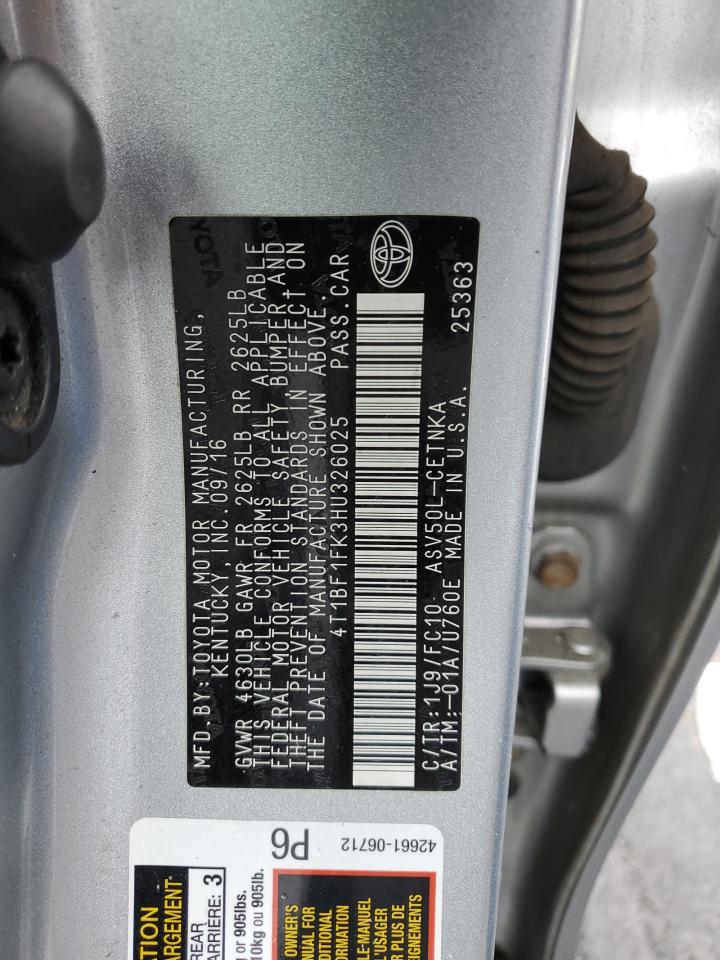 2017 Toyota Camry VIN 4T1BF1FK3HU326025 Copart auction photo, front end damage thumbnail 12