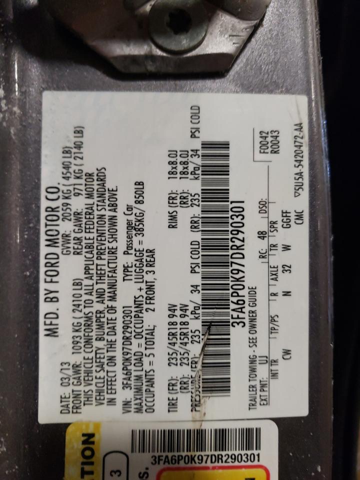 2013 Ford Fusion VIN 3FA6P0K97DR290301 Copart auction photo, rear end / side damage thumbnail 13